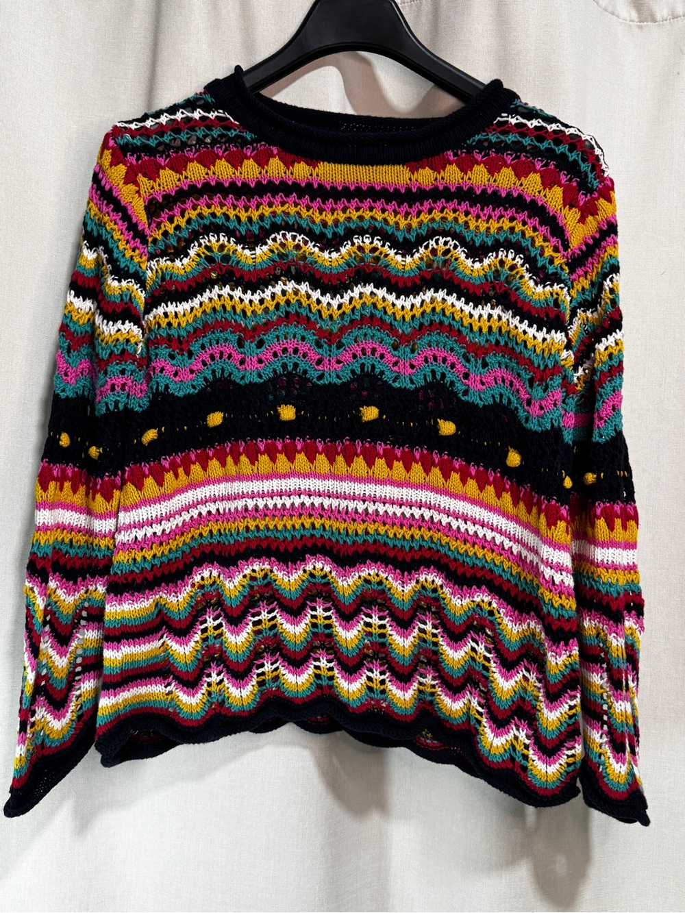 LASEINE Women's L Open-Knit Striped Multicolor 100% Cotton Crew Pullover Sweater